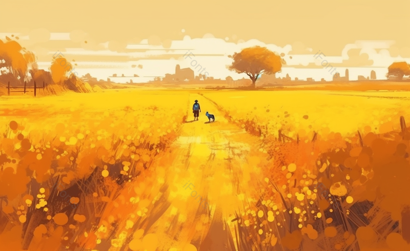 金色麦田人物狗狗手绘场景,插画/手绘图,插画/手绘图库,插画/手绘图下载,插画/手绘